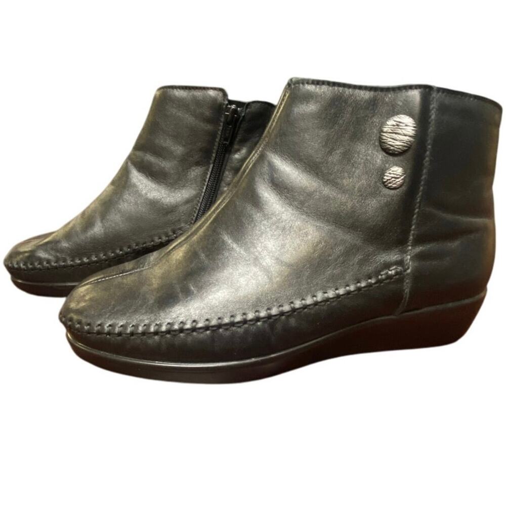 Women's Black Leather Ankle Booties with Side Zip and Decorative Buttons
